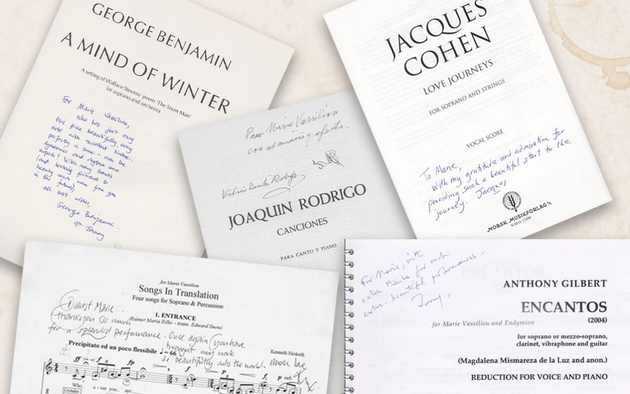 Handwritten dedications from composers George Benjamin, Joaquin Rodrigo, Jacques Cohen, Kenneth Hesketh, and Anthony Gilbert on scores written for Marie